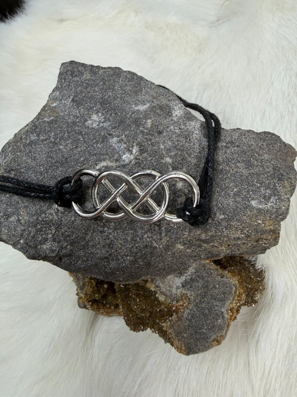 Silver-Toned Double Infinity Symbol Charm Black Cord Bracelet Adjustable to 9"